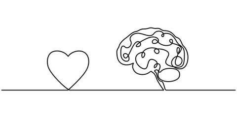 heart mind brain connection continuous one line drawing, heart mind brain connection mental health one line art design, Human brain and heart continuous one line art drawing. Rationality with emotions
