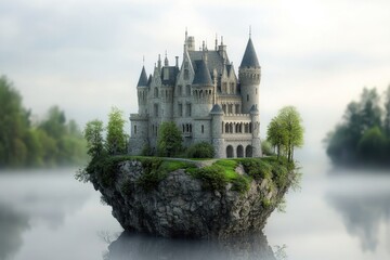 Fototapeta premium Majestic castle set on a rocky island surrounded by misty waters in a serene landscape