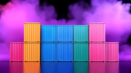 Obraz premium Stacked shipping containers form colorful wall; industry, storage, global trade. Generative AI