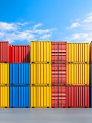 Fototapeta premium Stacked shipping containers in bright colors against clear sky for logistics. Generative AI
