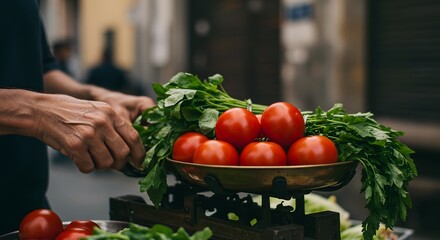 Fresh Tomatoes and Herbs on Old Scale at Outdoor Market