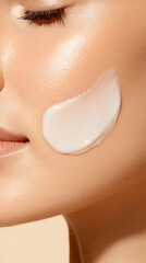 Woman applies moisturizing cream on face for skincare, against neutral background. Generative AI