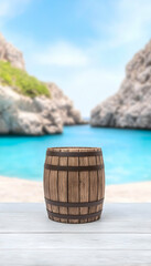 Fototapeta premium Wooden barrel atop a wooden table on a sandy beach with ocean view background. Generative AI