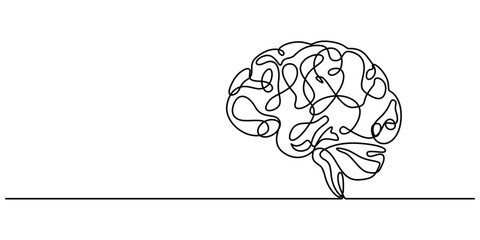 One continuous line illustration of a human brain, isolated on white background. Line art of human brain, Continuous Line Drawing of Deep Learning Icon. Hand Drawn Symbol Vector Illustration, pro. 