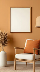 Art frame mockup on orange wall. Chair, vase and lamp. Living space interior. Generative AI
