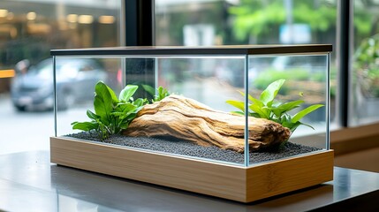 A modern aquarium with driftwood and green plants, illuminated by natural light.