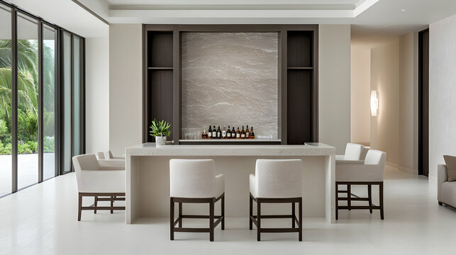 Bar stools at upscale resort. Drinks, relaxation, and vacation concept for interior design. Generative AI