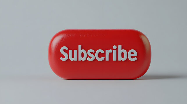 Red subscription button with the word 'Subscribe' in white letters against a gray background, calls to engage with content.