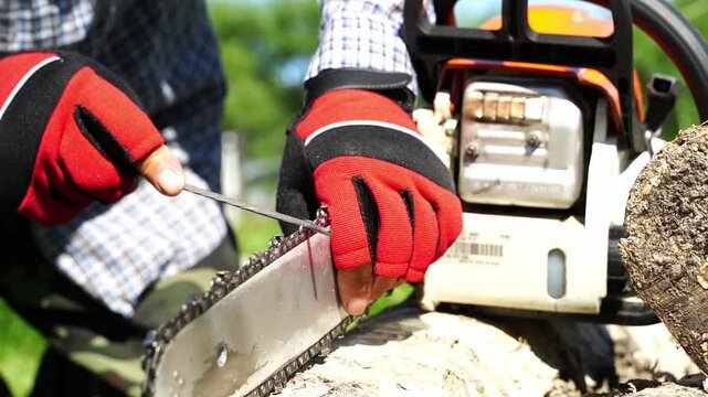 A master sharpens a chain for a chainsaw