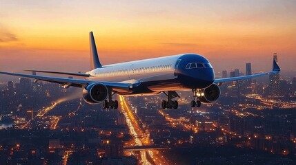 Airplane flying in the sky over the city at sunset at dusk. Travel concept, Airplane in flight at twilight with a blurred cityscape