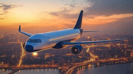 Airplane flying in the sky over the city at sunset at dusk. Travel concept, Airplane in flight at twilight with a blurred cityscape