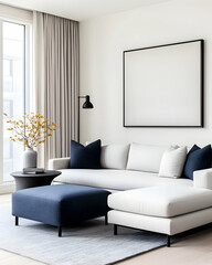 Bright living room design mockup with sofa and blank frame for interior decor use. Generative AI