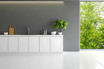 Bright kitchen with white cabinets and green plant. Outside view of trees. Generative AI