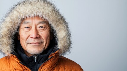 Elderly man in a winter coat with a fur-lined hood against a light background.