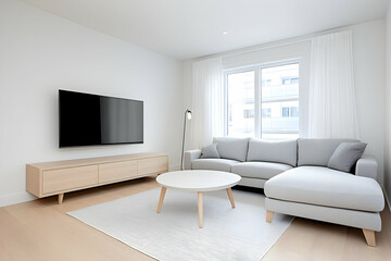 Bright living room with sofa by window interior design, apartment, and staging. Generative AI