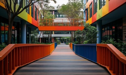 Colorful walkway bridge vibrant architecture green trees