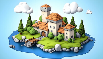 Cartoon castle scene on a small island, with a forest and clouds background. Generative AI