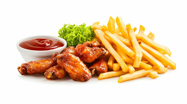 Chicken wings with French fries and ketchup on a white backdrop for a food menu. Generative AI