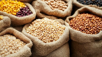 Fototapeta premium Burlap Sacks of Grains and Legumes Diverse Crops, Harvest Abundance, Food Security, Close-up Composition, Agricultural Products. grains, legumes