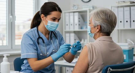 Obraz premium A female nurse administering a vaccine to an elderly patient in a quiet vaccination clinic