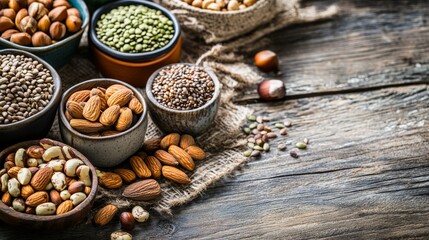 Obraz premium High-Angle Close-Up of Assorted Nuts and Seeds in Bowls on Wooden Table, Vegan Food, Healthy Eating, Superfoods vegan diet, healthy recipes