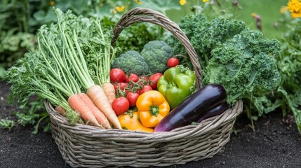 Fototapeta premium Harvest Basket Vibrant Vegetables, Rustic Composition, Garden Bounty, Wicker Basket, Organic Produce vegetables, garden