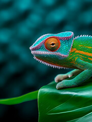 Fototapeta premium Colorful chameleon perched on a leaf with blue background, suitable for advertising. Generative AI