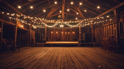 Rustic Barn Venue String Lights, Wooden Floor, Concert Stage, Barn Wedding, Concert Photography Barn, Rustic