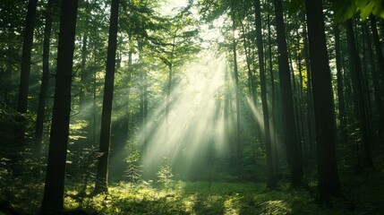 Obraz premium Sunbeams in Mystical Forest Lush Greenery, Crepuscular Rays, Tranquil Nature Photography, Forest Photography, Nature Photography Forest,Nature