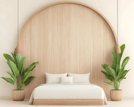 Cozy bedroom with arched headboard, plants on sides, and neutral background for sale. Generative AI