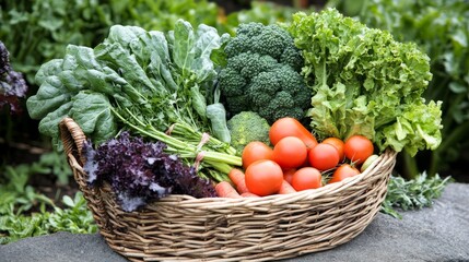 Fototapeta premium Wicker Basket of Fresh Greens and Tomatoes Broccoli, Spinach, Lettuce Composition, Healthy Food Concept, Garden Produce Healthy Eating, Farm Fresh