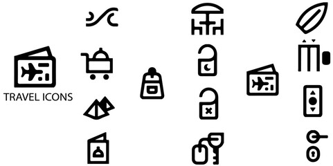 Travel simple concept 14 icons set. Contains such Airplane, trip, beach, passport, luggage, camping, hotel, summer vacations, collection. Vector illustration.