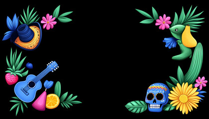 Fototapeta premium Dia de los Muertos invitation with guitar, skull, plants and decoration. Generative AI