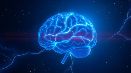 Human brain digital illustration.  and lightning on a blue background. Digital Illustration of the Human Brain. Electrical Activity, Flashes