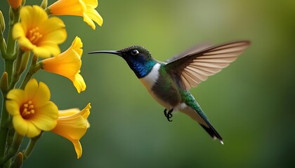 Fototapeta premium Hummingbird Feeding on Yellow Flowers Nature Photography