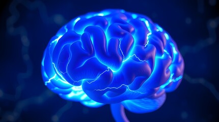 Human brain digital illustration.  and lightning on a blue background. Digital Illustration of the Human Brain. Electrical Activity, Flashes