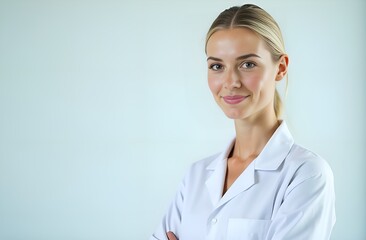 Female doctor in white robe on blue background. Copy space. Medicine template.