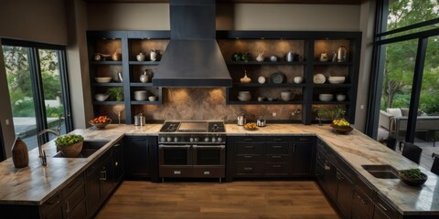 Elegant modern kitchen showcases dark cabinetry and marble countertops