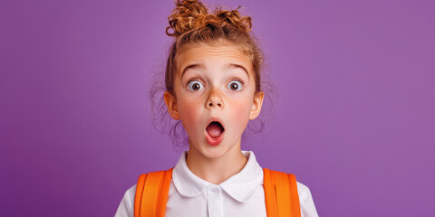 Captivating Portrait of a Surprised Girl with Freckles and an Orange Backpack Against a Playful Purple Background
