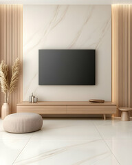 Living room with TV, beige walls and sofa, for real estate marketing use. Generative AI