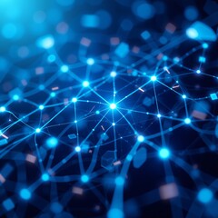 Obraz premium Futuristic neural network visualization with glowing blue connections and nodes on dark background for tech marketing campaigns, corporate branding