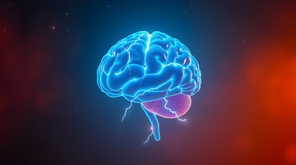 Human brain digital illustration.  and lightning on a blue background. Digital Illustration of the Human Brain. Electrical Activity, Flashes