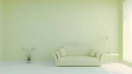 Light green room with sofa, plant, and lamp.