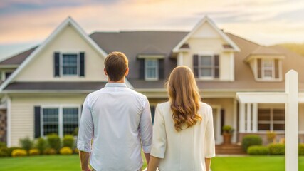 Fototapeta premium Couple viewing new home together at sunset residential area photography romantic atmosphere