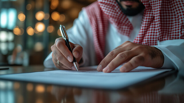 Saudi Emirati Gulf Arab business man sign contract in his office, signature, hand, pen
