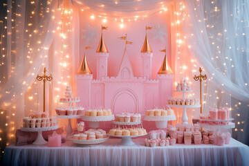 Elegant princess-themed party setup with a pink castle backdrop, glittering fairy lights, and a dessert table filled with treats.
