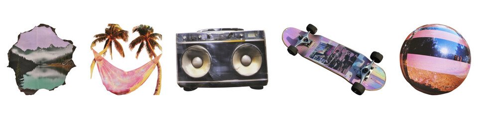 Fototapeta premium Mountain, palms, boombox, skateboard, and ball vintage element set isolated on transparent background