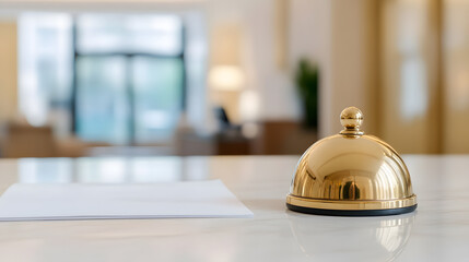 Reception Bell: Golden service bell with paper on counter in softly lit lobby, awaiting assistance. Elegant simplicity, focused on customer experience.