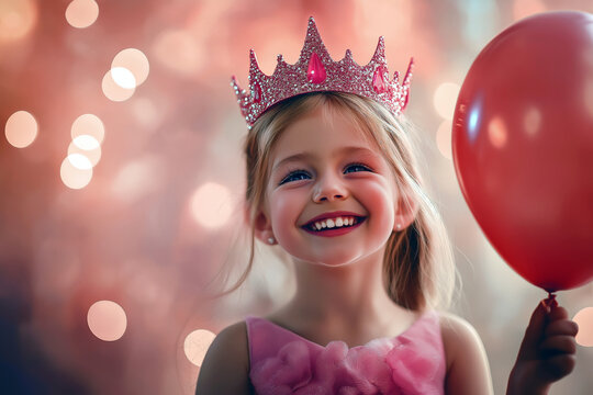 Little girl wearing a sparkling princess crown and a pink dress, smiling while holding a balloon at her birthday party.