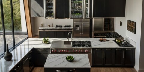 Luxurious contemporary kitchen featuring black cabinetry and marble countertops